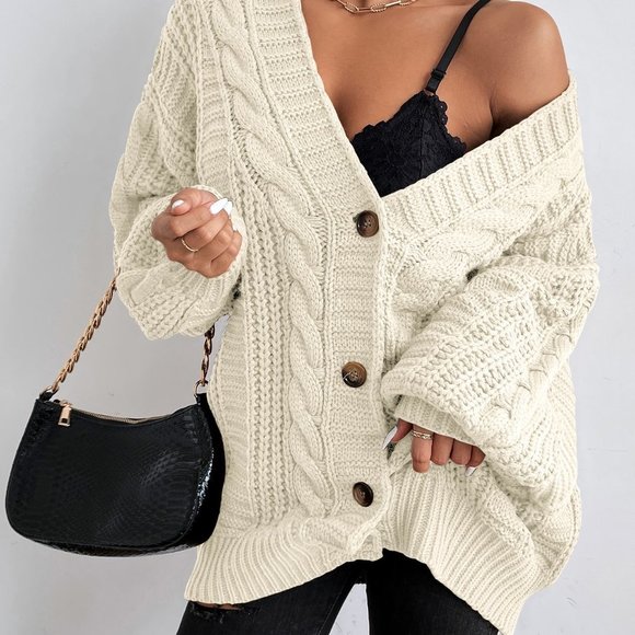 Beige Casual Womens Solid Button Front Cable Knit Cardigan - Picture 4 of 5